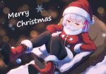  1girl alternate_costume black_gloves black_pantyhose boots chimney christmas commentary dress english_commentary english_text fake_facial_hair fake_mustache fate/grand_order fate_(series) fur-trimmed_dress fur-trimmed_footwear fur-trimmed_headwear fur-trimmed_sleeves fur_trim gloves hair_ribbon hat highres kama_(fate) kama_(first_ascension)_(fate) long_sleeves looking_at_viewer lucky_ckm merry_christmas pantyhose pink_ribbon red_dress red_eyes red_footwear red_headwear ribbon rooftop sack santa_costume santa_hat short_hair snow snowflakes snowing solo stuck white_hair 