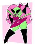  absurd_res alien bottomwear braces clothed clothing crown empty_eyes female freckles gloves green_body hair handwear headgear headwear hi_res humanoid pigtails pink_hair rexon02 sharp_teeth skirt solo teeth thick_thighs wide_hips 