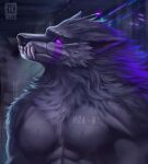  2022 anthro black_body black_fur black_nose canid canine digital_media_(artwork) fur male mammal moon-s purple_eyes solo teeth 