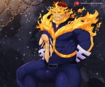  1boy anger_vein arms_behind_back bara beard blue_bodysuit bodysuit boku_no_hero_academia bulge covered_abs covered_navel daisukebear endeavor_(boku_no_hero_academia) facial_hair feet_out_of_frame fiery_hair frown large_pectorals looking_to_the_side male_focus mature_male midriff_peek muscular muscular_male nipples paid_reward_available pectorals red_hair scar scar_across_eye short_hair sitting solo spiked_hair stubble thick_thighs thighs torn_bodysuit torn_clothes underpec 