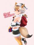  1girl absurdres animal_ear_fluff animal_ears beleven blonde_hair christmas christmas_present coyopotato coyote_(kemono_friends) dress elbow_gloves extra_ears gift gloves hat highres kemono_friends kemono_friends_v_project kneehighs looking_at_viewer santa_dress santa_hat shoes short_hair simple_background socks tail virtual_youtuber wolf_ears wolf_girl wolf_tail yellow_eyes 
