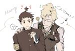  2boys ? ace_attorney armband bangs blonde_hair brown_hair brown_vest closed_eyes coldresss gloves hand_on_another&#039;s_shoulder herlock_sholmes jacket long_sleeves male_focus merry_christmas multiple_boys ryunosuke_naruhodo shirt short_hair simple_background smile smoke smoking_pipe the_great_ace_attorney upper_body vest white_background 