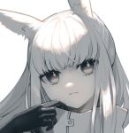  1girl animal_ears arknights bangs black_gloves commentary_request gloves grey_eyes head_tilt high_collar horse_ears long_hair looking_at_viewer miike_(992058) platinum_(arknights) simple_background solo white_background white_hair 