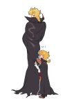  2boys aged_down black_cape blonde_hair braid cape cape_grab clothes_grab dio_brando father_and_son from_behind giorno_giovanna highres honlo jewelry jojo_no_kimyou_na_bouken long_hair looking_at_another male_focus multiple_boys open_mouth simple_background standing vampire white_background 