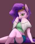  absurd_res anthro anthrofied clothing crown digital_media_(artwork) equid equine feathered_wings feathers green_eyes hair hasbro hi_res looking_at_viewer mammal mlp_g5 my_little_pony naen pegasus pink_body pink_skin pipp_petals_(mlp) pose purple_hair purple_tail sitting smile solo wings 