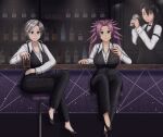  3girls absurdly_long_hair alternate_costume bar_(place) bartender black_footwear black_hair black_pants black_vest bottle chibiosaka chitose_(kancolle) closed_eyes cocktail_shaker cup drinking_glass grey_eyes grey_hair high_heels highres holding holding_cup holding_shaker jun&#039;you_(kancolle) kantai_collection long_hair long_sleeves multiple_girls nachi_(kancolle) pants ponytail purple_eyes purple_hair shirt side_ponytail sitting smile spiked_hair standing very_long_hair vest white_shirt 