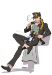  ... 1boy absurdres belt black_coat black_hair black_pants chain cigarette closed_mouth coat dog full_body green_shirt hat highres holding holding_cigarette honlo iggy_(jojo) jojo_no_kimyou_na_bouken kujo_jotaro long_sleeves male_focus multiple_belts pants school_uniform shadow shirt short_hair sitting smoke smoking stardust_crusaders 