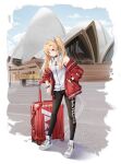  1girl artist_request azur_lane bare_shoulders black_pants blonde_hair choker cleveland_(azur_lane) cleveland_(southbound_journey)_(azur_lane) copyright_name expressions full_body highres jacket leggings logo looking_at_viewer luggage official_alternate_costume official_art pants real_world_location red_eyes red_jacket rolling_suitcase shirt shoes side_ponytail sleeveless sleeveless_shirt smartwatch smile sneakers sydney_opera_house tight tight_pants vest watch white_footwear white_vest wristwatch 