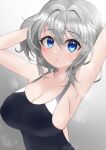  1girl absurdres armpits arms_up blue_eyes blush breasts check_commentary cleavage collarbone commentary commentary_request competition_swimsuit gradient gradient_background grey_background grey_hair hair_between_eyes hand_in_own_hair highres kion_(namarock8686) large_breasts looking_at_viewer messy_hair one-piece_swimsuit original shiny shiny_hair sideboob simple_background smell steam steaming_body sweat swimsuit upper_body wet 