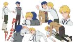  2boys absurdres against_wall aged_down blonde_hair blood blue_eyes blue_hair blush boy_on_top brown_jacket bruise bruise_on_face commentary crying crying_with_eyes_open dio_brando eye_contact face-to-face face_punch full_body green_pants highres holding_hands honlo hug in_the_face injury jacket jojo_no_kimyou_na_bouken jonathan_joestar long_sleeves looking_at_another lying male_focus multiple_boys nervous nosebleed on_back pants phantom_blood punching shirt shoes short_hair smile suspenders tears vest white_background white_shirt yaoi yellow_eyes 