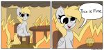  absurd_res blonde_hair chair derp_eyes derpy_hooves_(mlp) dialogue english_text equid equine female food friendship_is_magic furniture hair hasbro hi_res kittyrosie mammal meme muffin my_little_pony pegasus solo table text this_is_fine wings 