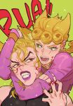  2boys animal_ears blonde_hair blood blood_on_face blood_on_hands braid cat_boy cat_ears dio_brando earrings fangs father_and_son giorno_giovanna green_eyes highres honlo jacket jewelry jojo_no_kimyou_na_bouken lipstick long_hair looking_at_another makeup male_focus multiple_boys open_mouth pectorals pink_jacket purple_lips red_eyes scratches teeth torn_clothes vampire vento_aureo 