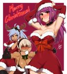  3girls absurdres ahoge airisubaka armlock armpits arms_up artist_name bandaid bandaid_on_cheek bandaid_on_face bikini bikini_top_only black_bikini black_choker black_hairband black_thighhighs blonde_hair blush brown_eyes candy candy_cane capelet choker christmas collarbone commentary dark-skinned_female dark_skin detached_sleeves dress drooling elbow_gloves english_text eyes_visible_through_hair fake_antlers female_pervert food fur-trimmed_capelet fur-trimmed_dress fur-trimmed_headwear fur-trimmed_sleeves fur_trim gloves green_eyes grey_hair hairband hands_on_headwear hat highres leah_(airisubaka) merry_christmas multiple_girls muscular muscular_female one_eye_covered original outline pervert pom_pom_(clothes) ponytail purple_background purple_eyes purple_hair red_capelet red_dress red_headwear santa_costume santa_dress santa_hat simple_background strapless strapless_dress swimsuit symbol-only_commentary thighhighs white_outline wince wrist_cuffs 