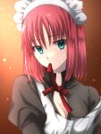  1girl apron blue_eyes blush breasts cleavage commentary_request highres hisui_(tsukihime) long_sleeves looking_at_viewer maid maid_headdress medium_breasts medium_hair mouth_hold open_clothes orange_background red_hair ribbon ribbon_in_mouth solo tsukihime upper_body vent_vert_(kuuya) 
