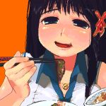  1girl bangs black_hair blue_eyes breasts chopsticks cleavage eating food hair_ornament hand_up holding holding_chopsticks jaggy_lines letter_hair_ornament lips long_hair lowres open_mouth orange_background os-tan pink_lips saburou_(326xxx1) simple_background smile solo upper_body x_hair_ornament xp-tan 