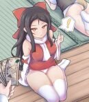  ! 1boy 2girls ass bangs black_hair bow breasts brown_eyes commentary_request cookie_(touhou) detached_sleeves full_body hair_bow hakurei_reimu holding holding_money long_hair looking_at_viewer medium_breasts miramikaru_riran money multiple_girls no_panties no_pants open_mouth panties parnkgjas pov pov_hands prostitution red_bow red_shirt scarf shiromiya_rei shirt side-tie_panties sitting sleeve_bow sleeveless sleeveless_shirt solo_focus spoken_exclamation_mark tatami thighhighs thumbs_up touhou underwear white_panties white_scarf white_shirt white_sleeves white_thighhighs yokozuwari 