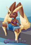  absurd_res anthro bottomwear bra breasts brown_body brown_fur clothing conmasitco cutoffs denim denim_clothing female fur generation_4_pokemon hi_res lagomorph lopunny mammal medium_breasts nintendo pokemon pokemon_(species) red_eyes shorts solo spreading thick_thighs underwear 