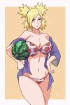  1girl bikini blonde_hair breasts food fruit indy_rique naruto naruto_(series) navel smile swimsuit temari_(naruto) watermelon 