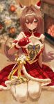 1girl animal_ears antenna_hair bangs blurry blurry_background bow breasts brooch christmas_ornaments christmas_tree cleavage_cutout closed_mouth clothing_cutout commentary corsage daiwa_scarlet_(scarlet_nuit_etoile)_(umamusume) daiwa_scarlet_(umamusume) depth_of_field dress ear_covers fireplace full_body fur-trimmed_dress fur_armlet fur_trim gift gloves green_bow hair_intakes highres horse_ears horse_girl horse_tail hoshinopurin illuminate_the_heart_(umamusume) indoors jewelry kneeling large_breasts long_hair looking_at_viewer official_alternate_costume plaid plaid_dress red_dress red_eyes red_gloves santa_dress short_dress single_ear_cover sleeveless sleeveless_dress smile solo tail texture thighhighs tiara umamusume white_thighhighs 