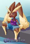  absurd_res anthro bottomwear brown_body brown_fur clothing conmasitco cute_expression denim denim_clothing female fur generation_4_pokemon hi_res jeans lagomorph lopunny mammal nintendo pants pokemon pokemon_(species) red_eyes solo spread_legs spreading topwear 