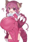  1girl ? breasts claws commentary_request cool-kyou_shinja dragon_girl dragon_horns dragon_tail dress highres horns huge_breasts ilulu_(maidragon) kobayashi-san_chi_no_maidragon long_hair looking_at_viewer open_mouth pink_dress pink_thighhighs pointy_ears red_eyes sharp_teeth simple_background slit_pupils smile solo tail teeth thighhighs white_background 