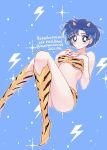  1girl alternate_costume animal_print bangs bare_arms bare_shoulders bikini bishoujo_senshi_sailor_moon blue_background blue_eyes blue_hair breasts cosplay dated foot_out_of_frame hands_on_own_chest highres horns knees_together_feet_apart light_blush lightning_bolt_symbol looking_at_viewer lum lum_(cosplay) medium_breasts midriff mizuno_ami namisonpictures oni oni_horns parted_bangs print_bikini print_footwear short_hair solo sparkle strapless strapless_bikini swimsuit thighs tiger_print twitter_username urusei_yatsura yellow_bikini yellow_footwear 