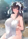  1girl absurdres artist_name azur_lane black_hair breasts dermar flower hair_flower hair_ornament hair_ribbon heart heart-shaped_pupils highres kashino_(azur_lane) large_breasts long_hair looking_at_viewer naked_towel nude onsen open_mouth purple_eyes ribbon sitting smile solo symbol-shaped_pupils towel wet white_ribbon 