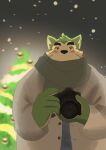  absurd_res anthro blush camera canid canine canis christmas christmas_tree clothing coat domestic_dog eyebrows fur green_body green_fur hi_res holidays hrtm1028mofmof lifewonders live-a-hero male mammal mokdai plant scarf solo thick_eyebrows topwear tree winter 