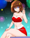  1girl bangs bare_shoulders bell black_choker blue_eyes blurry bob_cut bokeh breasts brown_hair choker christmas cleavage closed_mouth commentary crop_top crossed_legs depth_of_field engo_(aquawatery) fur-trimmed_shirt fur-trimmed_skirt fur_trim hair_ornament hairclip highres looking_at_viewer lyrical_nanoha medium_breasts microskirt midriff navel neck_bell pencil_skirt red_shirt red_skirt santa_costume shirt short_hair sitting skirt smile solo strapless strapless_shirt v x_hair_ornament yagami_hayate 