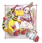  1girl ampharos brown_eyes chair christmas christmas_tree clothed_pokemon dress gift gloves hat highres jasmine_(holiday_2022)_(pokemon) jasmine_(pokemon) kotobukkii_(yt_lvlv) light_brown_hair looking_at_another magnemite official_alternate_costume pokemon pokemon_(creature) pokemon_(game) pokemon_masters_ex red_footwear red_gloves santa_hat sleeveless sleeveless_dress smile squatting 