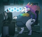  absurd_res anthro belly big_belly chair clothing computer dae_(daebelly) desk female fur furniture hi_res hoodie multicolored_body multicolored_fur office_chair papa_soul pregnant solo sweatpants table topwear white_body white_fur 