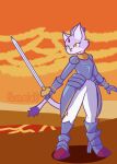  absurd_res anthro armor blaze_the_cat boots clothed clothing digital_media_(artwork) female footwear fur gloves handwear hi_res high_heeled_boots high_heels lava melee_weapon nokamiwd purple_body purple_fur sega sir_percival_(sonic_and_the_black_knight) solo sonic_and_the_black_knight sonic_storybook_series sonic_the_hedgehog_(series) sword volcano warrior weapon 