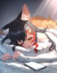  1girl animal animal_ears animal_on_back bangs black_hair blush cat cellphone commentary_request crossed_bangs hair_ornament half-closed_eyes hololive izumi_sai long_hair long_sleeves lying multicolored_hair on_bed on_stomach one_eye_closed ookami_mio open_mouth orange_eyes phone pillow red_hair sleepy sleeves_past_wrists streaked_hair taiga_(ookami_mio) virtual_youtuber wolf_ears wolf_girl 