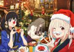  3girls ;d animal_ears antlers black_hair blonde_hair blue_kimono brown_hair christmas eating fake_animal_ears fake_facial_hair fake_mustache food hair_ribbon hat holding holding_food holding_pizza inoue_takina japanese_clothes kimono long_hair lycoris_recoil multiple_girls nakahara_mizuki nishikigi_chisato one_eye_closed pizza purple_eyes red_eyes red_kimono red_ribbon reindeer_antlers ribbon rr_tdna santa_hat short_hair smile twintails v 