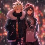  1boy 1girl bangs black_gloves black_hair blonde_hair blue_eyes blurry blurry_background breasts candy_cane_earrings christmas christmas_lights cloud_strife coat couple cowboy_shot earmuffs earrings final_fantasy final_fantasy_vii final_fantasy_vii_remake fur-trimmed_coat fur-trimmed_headwear fur_trim gloves hand_in_pocket hat highres holding_hands jewelry long_hair looking_at_another outdoors pantyhose parted_lips red_eyes red_headwear santa_hat scarf seilidare single_earring skirt smile snow snowflakes snowing spiked_hair swept_bangs tifa_lockhart winter_clothes 