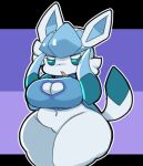  2022 anthro big_breasts big_butt blue_body breasts butt cleavage cleavage_cutout clothed clothing digital_drawing_(artwork) digital_media_(artwork) eeveelution female fur generation_4_pokemon glaceon hand_on_breast huge_breasts looking_at_viewer navel nintendo open_mouth pokemon pokemon_(species) simple_background sleepysous slightly_chubby solo sweater thick_thighs topwear tuft video_games white_body white_fur wide_hips 