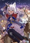  1girl absurdres ahoge animal_ear_fluff animal_ears antlers arm_up bangs blue_bow blue_hair blue_jacket blurry blurry_background blush bow box breasts capelet christmas crossed_bangs crown dress flying fox_ears frills fubuchun gift gift_box hair_between_eyes hair_ornament hair_ribbon hairclip hand_up highres holding hololive house jacket jinbei_(user_tpny4757) long_braid long_sleeves medium_hair mini_crown night open_mouth outdoors red_bow reindeer reindeer_antlers ribbon sack sash shirakami_fubuki sitting_on_animal snow snowing solo_focus white_dress white_hair 