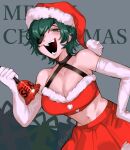  1girl blush breasts chainsaw_man cleavage crop_top elbow_gloves eyepatch fur-trimmed_crop_top glint gloves green_background green_eyes green_hair hand_on_hip handbell hat highres himeno_(chainsaw_man) large_breasts leaning_forward looking_at_viewer merry_christmas open_mouth red_skirt santa_costume santa_hat short_hair simple_background skirt smile solo twitter_username white_gloves yagi_ramune 