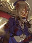  1girl artist_request atago_(kancolle) aupt31 black_gloves blonde_hair blood blood_in_hair blood_in_mouth blood_on_face blue_dress blue_eyes blue_headwear bow bowtie check_artist commentary_request dress evil_smile fighting_stance gloves highres injury kantai_collection long_hair looking_to_the_side rigging scarf shirt smile turret white_shirt 