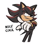  1:1 5_fingers advos anthro black_body black_fur black_hair black_nose bracelet clothing crossed_arms digital_media_(artwork) english_text eulipotyphlan fingers fur gesture gloves grin hair handwear hedgehog highlights_(coloring) jewelry male mammal pointing red_eyes red_highlights sega shadow_the_hedgehog simple_background smile solo sonic_the_hedgehog_(series) teeth text video_games white_clothing white_gloves white_handwear 