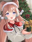  1girl :d artist_name bangs blue_hair bow-shaped_hair box capelet christmas christmas_tree commentary drawstring fur-trimmed_capelet fur_hairband fur_trim genshin_impact gift gift_box gradient_hair highres indoors light_blue_hair light_blush light_brown_hair long_hair long_sleeves looking_at_viewer multicolored_hair open_mouth pom_pom_(clothes) purple_eyes red_capelet sangonomiya_kokomi shirt sidelocks smile solo upper_body vickie_(cryingrobot) white_shirt window 