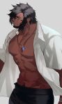  1boy abs absurdres bara bare_pectorals beard belov_w cowboy_shot dark-skinned_male dark_skin earrings facial_hair final_fantasy final_fantasy_xiv hair_over_one_eye highres jewelry large_pectorals looking_to_the_side male_focus mature_male muscular muscular_male navel_hair necklace open_clothes pectorals roegadyn scar scar_across_eye short_hair sideburns solo stomach 