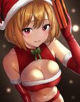  1girl aki_minoriko blonde_hair blush box breasts cleavage elbow_gloves gift gift_box gloves hair_between_eyes hat highres holding holding_gift large_breasts navel open_mouth pom_pom_(clothes) red_eyes red_gloves red_headwear santa_costume santa_hat seina_akitani short_hair smile solo touhou upper_body 
