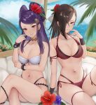  2girls beach_umbrella bead_bracelet beads bikini blue_sky bracelet breasts brown_hair closed_mouth cloud couch crossed_legs day earrings fire_emblem fire_emblem_fates flower hair_flower hair_ornament hair_over_one_eye hand_up haru_(nakajou-28) hibiscus highres hoop_earrings jewelry kagero_(fire_emblem) large_breasts long_hair looking_at_viewer multi-strapped_bikini multiple_girls navel ocean orochi_(fire_emblem) outdoors palm_tree ponytail purple_eyes purple_hair red_bikini red_eyes red_flower side-tie_bikini_bottom sitting sky smile stomach swimsuit thigh_strap thighs tree umbrella white_bikini 