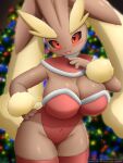  3:4 anthro big_breasts breasts brown_body brown_fur christmas christmas_tree cleavage clothed clothing faroula_twitt female fur generation_4_pokemon hi_res holidays legwear lopunny nintendo plant pokemon pokemon_(species) solo thigh_highs tree 