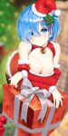  1girl alternate_costume bangs bare_shoulders bent_over blue_eyes blue_hair blush box breasts cleavage dopoing dress eyes_visible_through_hair gift gift_box hair_ornament hair_over_one_eye highres large_breasts looking_at_viewer mistletoe_hair_ornament re:zero_kara_hajimeru_isekai_seikatsu red_dress red_headwear rem_(re:zero) ribbon santa_dress shiny shiny_skin short_hair smile solo x_hair_ornament 