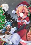  2girls animal_costume antlers bangs black_thighhighs blonde_hair blue_eyes blue_hair box brown_footwear brown_gloves candy candy_cane capelet christmas_tree cirno crystal dress flandre_scarlet food full_moon fumo_(doll) fur_trim gift gift_box gloves grey_hair grey_sky hat inu_sakuya_(nejikirio) izayoi_sakuya jyaoh0731 looking_at_viewer medium_hair moon multiple_girls one_side_up open_mouth outdoors pointy_ears red_capelet red_dress red_eyes red_headwear reindeer_antlers reindeer_costume sack santa_costume santa_hat short_hair snow snowing standing star_(symbol) thighhighs touhou wings 