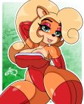 absurd_res activision anthro bandicoot blonde_hair breasts cleavage clothed clothing coco_bandicoot crash_bandicoot_(series) female green_background hair hi_res legwear mammal marsupial orange_body renegade-157 simple_background thigh_highs 