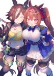  2girls :d animal_ears bangs belt black_footwear black_jacket black_shorts blue_bow blue_bowtie blue_dress boots bow bowtie breasts brown_hair circlet daiwa_scarlet_(umamusume) dress grin highres horse_ears horse_girl horse_tail jacket large_breasts moriyama_shijimi multiple_girls navel orange_hair ponytail purple_eyes shirt shorts simple_background smile stopwatch_around_neck tail teeth thigh_boots twintails umamusume vodka_(umamusume) white_background white_footwear yellow_eyes yellow_shirt 