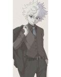  1boy absurdres alternate_costume bangs black_suit blue_eyes enoki_(gongindon) feet_out_of_frame formal highres holding holding_clothes holding_jacket hunter_x_hunter jacket killua_zoldyck long_sleeves looking_at_viewer male_focus short_hair simple_background smile solo spiked_hair suit vest white_hair 